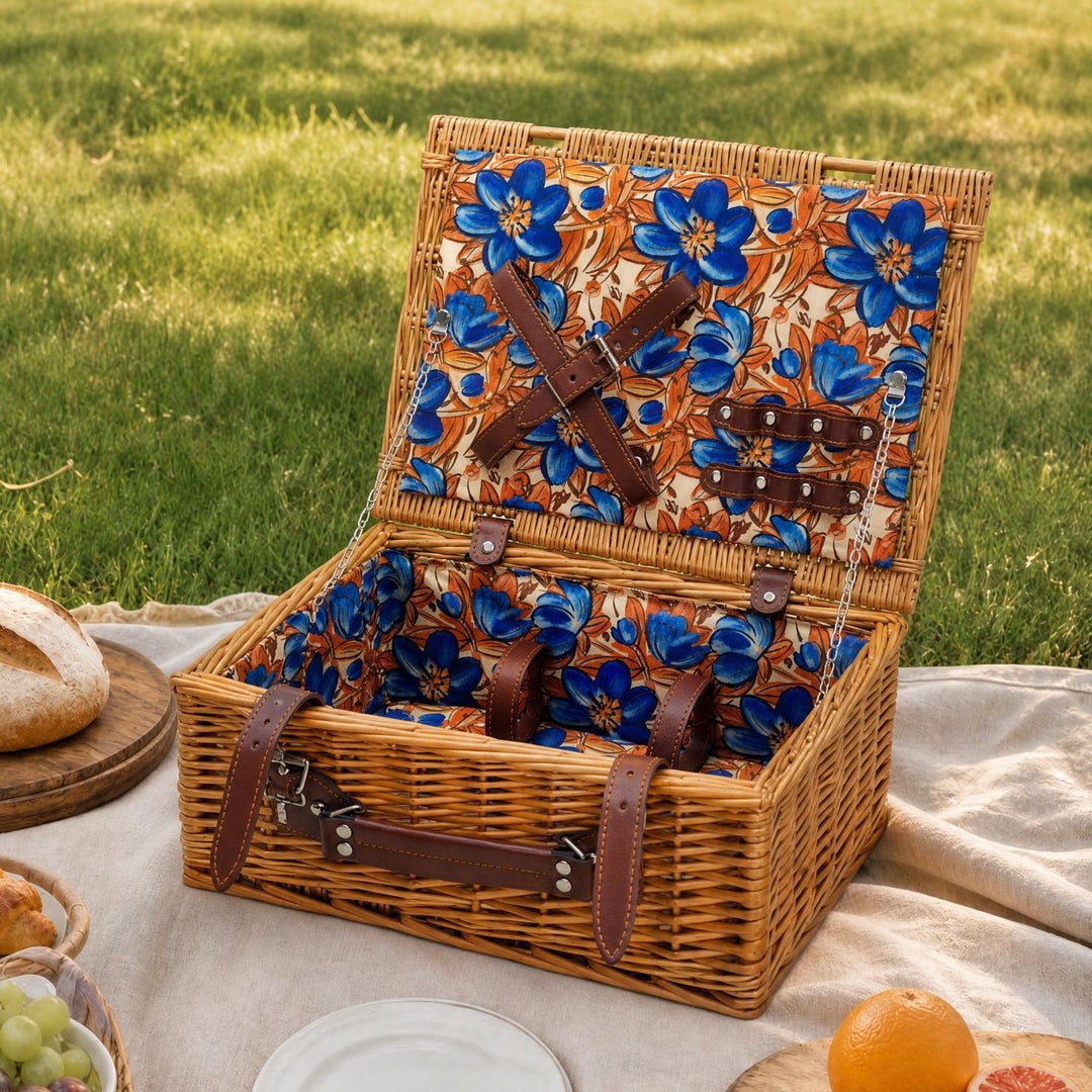 Ladies Luxury Picnic Basket with Offset Dish Compartment and Floral Lining Stornfield