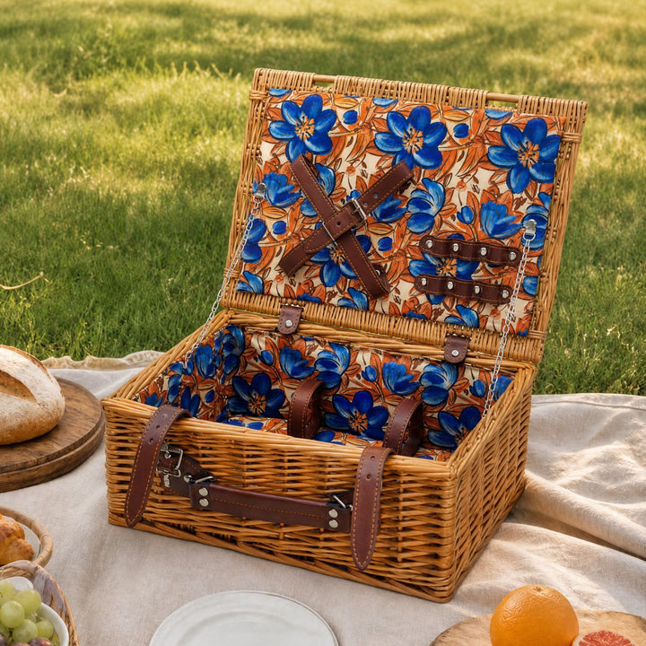 Ladies Luxury Picnic Basket with Offset Dish Compartment and Floral Lining Stornfield