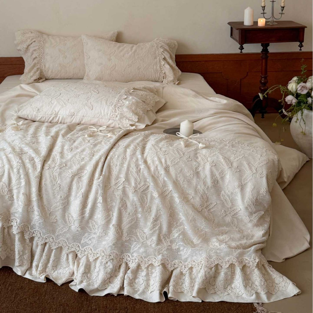 Embroidered Lace-Trim Ruffled Duvet Cover Set