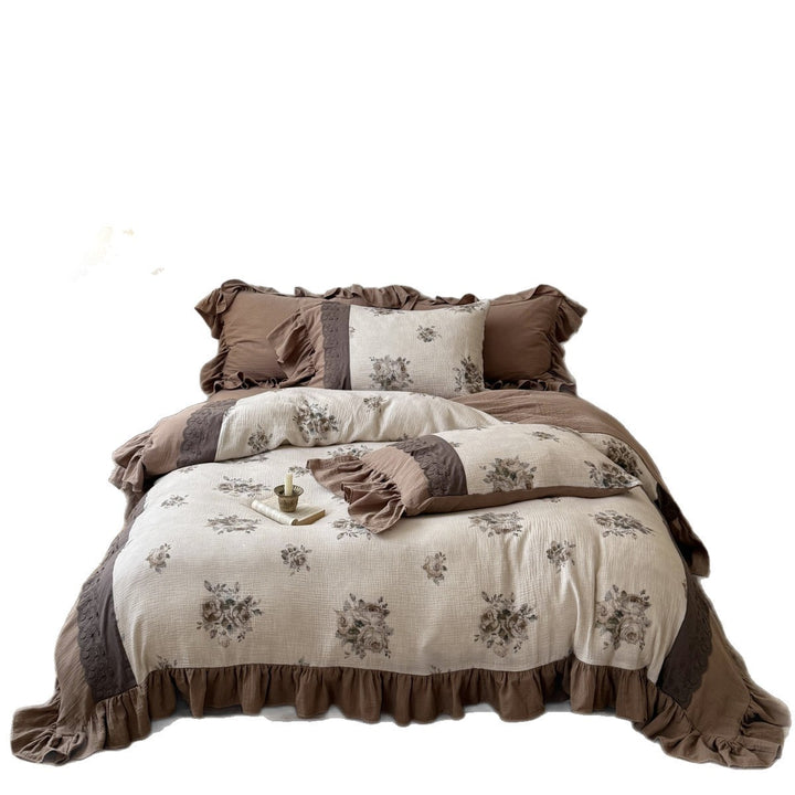 Ruffled Floral Cotton-Look Layered Duvet Cover Set with Embroidered Border