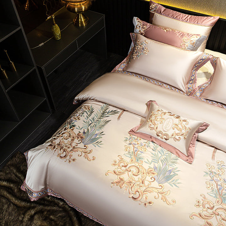 Luxury Embroidered Satin Jacquard Duvet Cover Set with Decorative Shams