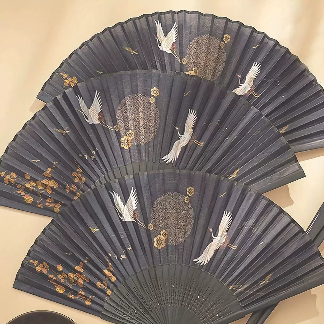 Women One Size hand-painted crane and plum blossom fan with carved wooden ribs and silk tassel Stornfield