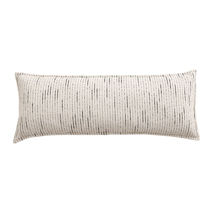 Rectangular quilted decorative cushion with fine line embroidery and natural linen texture