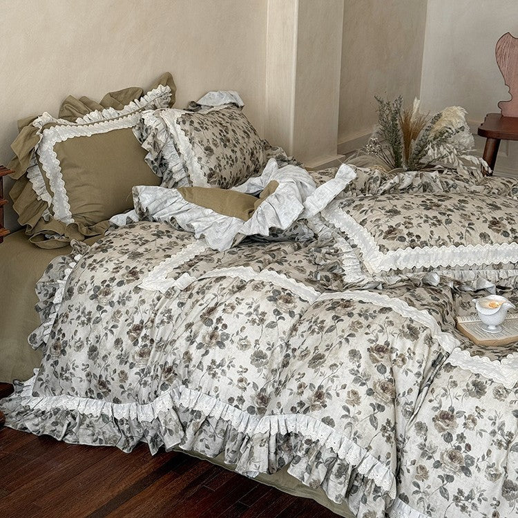Romantic Vintage Bedding Set with Ruffles and Lace