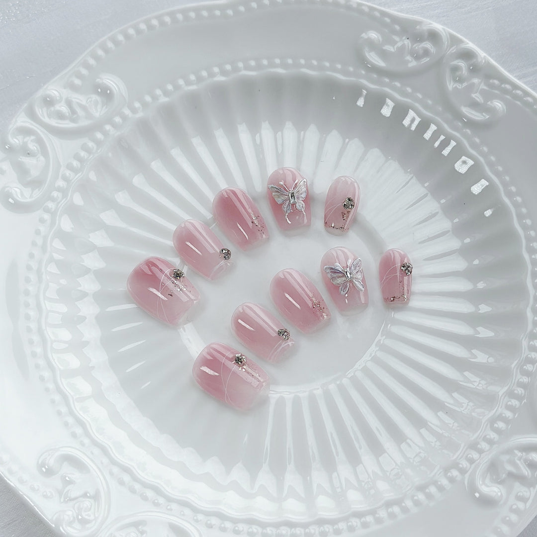 Elegant Press-On Nail Art Set with Butterfly and Gem Embellishments