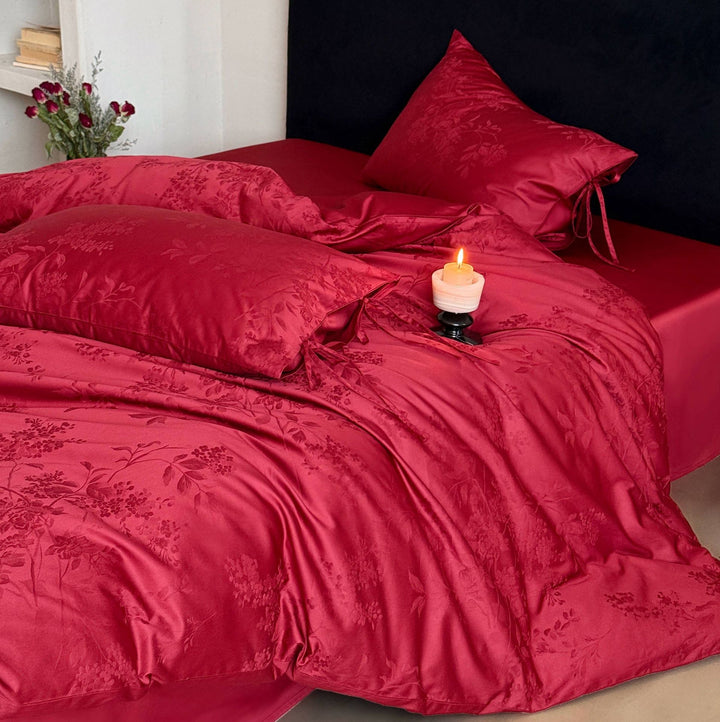 Luxurious jacquard bedding set with bow closures and floral relief