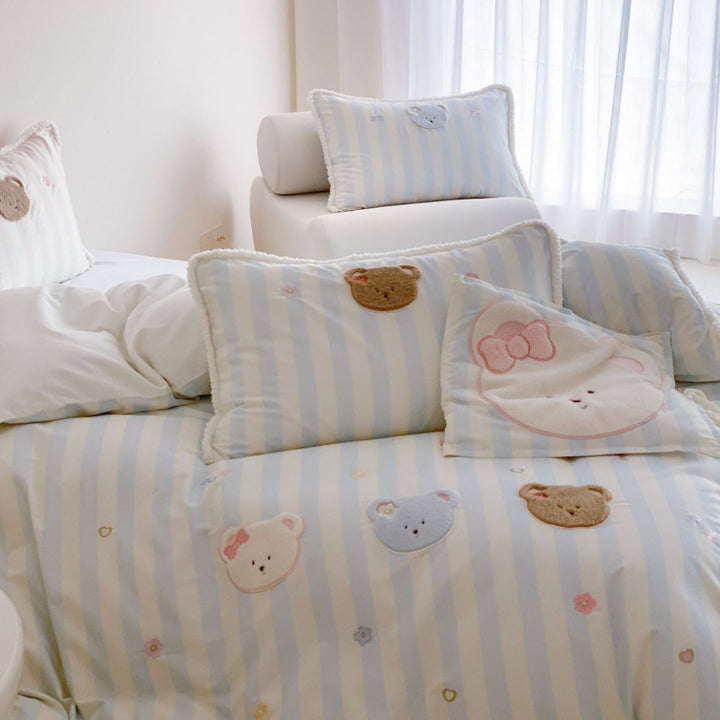 Striped Cotton Duvet Cover Set with Embroidered Bear Appliqué and Sherpa Trim