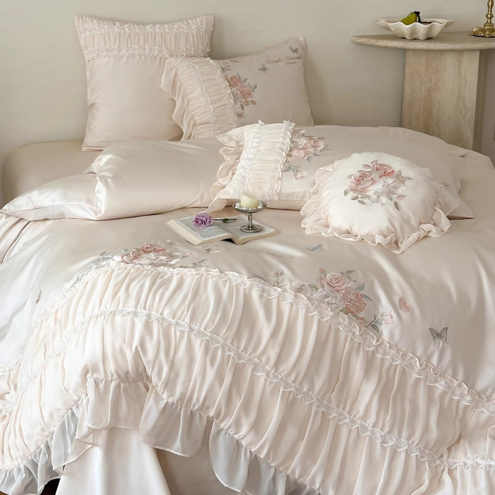 Ruffled Embroidered Rose-Print Cotton Sateen Duvet Cover & Sham Ensemble with Frilled Bedskirt-Style Hem