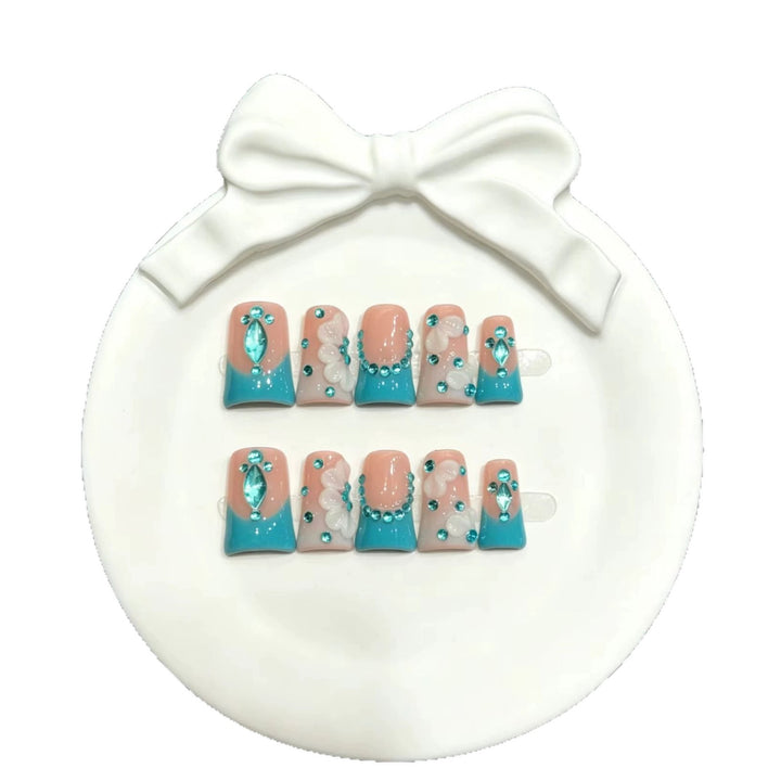 Decorative Press-On Nail Art Set with Floral and Gem Accents  1791774497