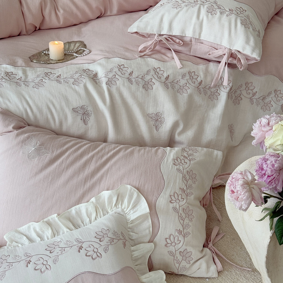 Floral Embroidered Cotton Duvet Cover Set with Ruffle Pillowcases