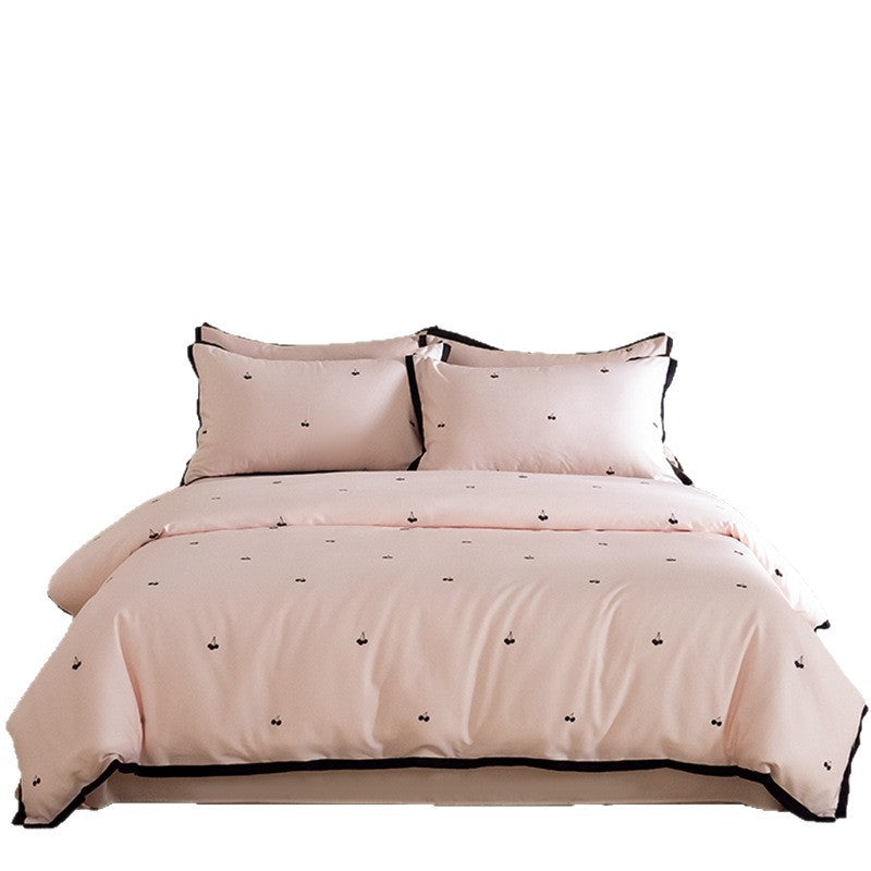 Embroidered Cherry Cotton-Sateen Duvet Cover Set with Contrast Piped Edge