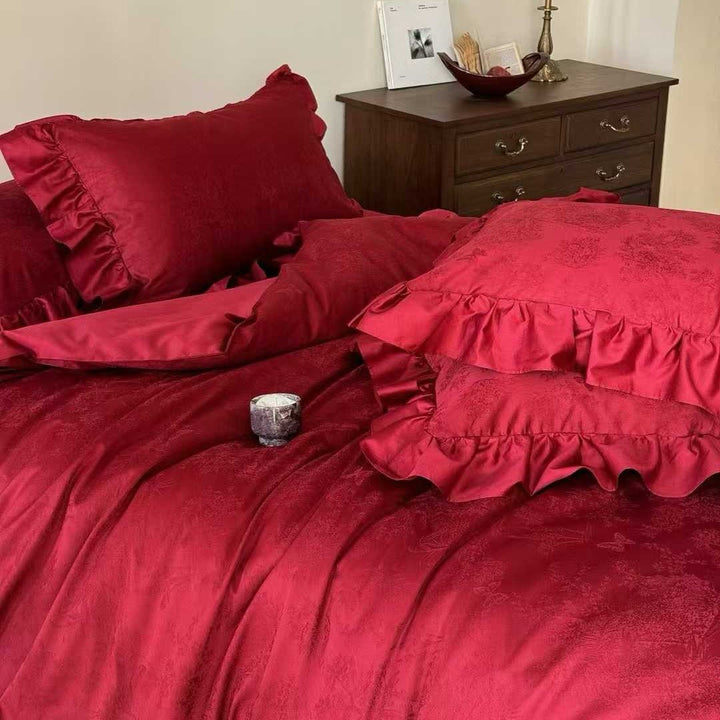 Ruffled Jacquard Cotton Duvet Cover Set with Embossed Floral Motif and Matching Pillow Shams