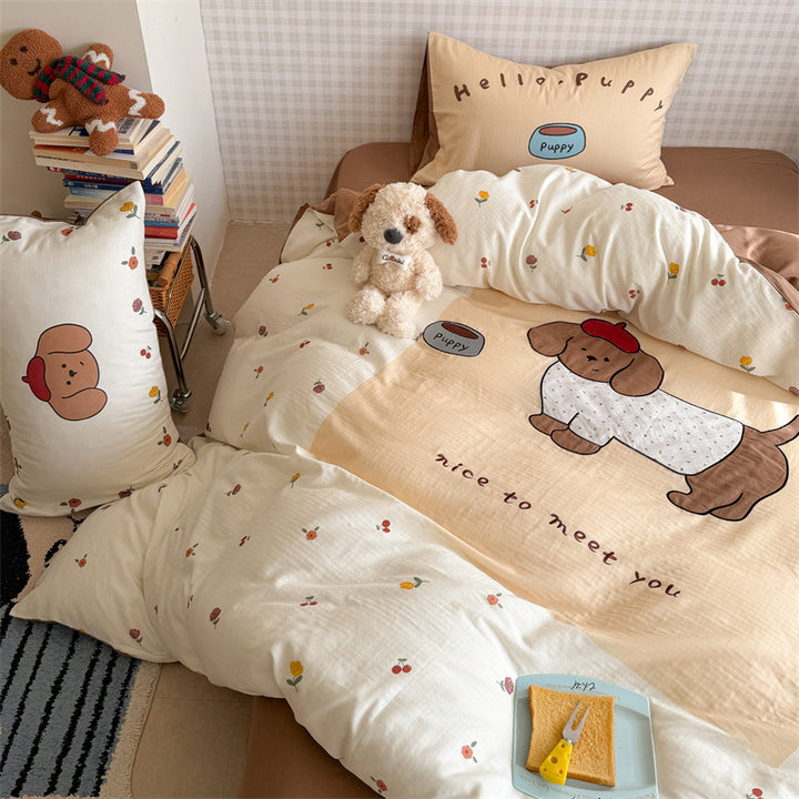 Cute Cartoon Puppy Cotton Duvet Cover Set with Pillow Shams and Reversible Floral Border