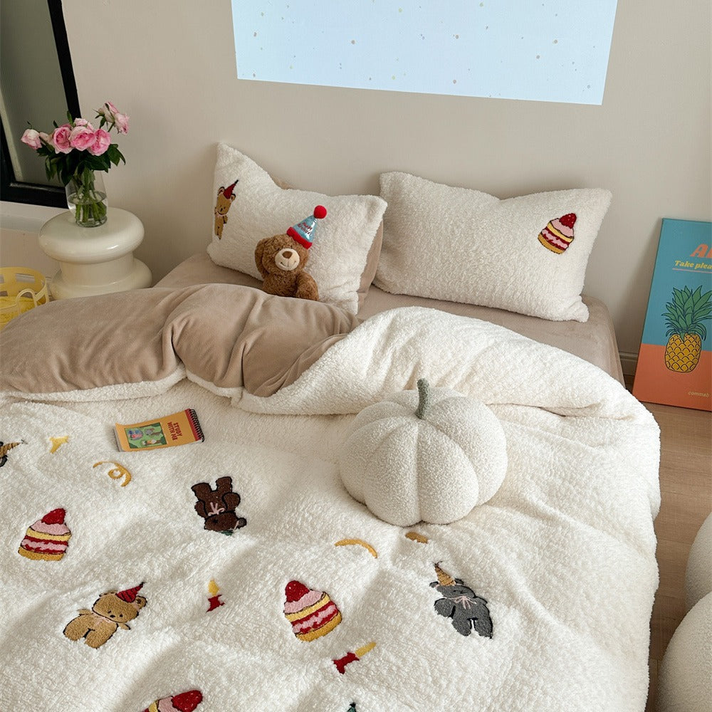 Plush Sherpa Comforter with Embroidered Teddy and Dessert Motifs