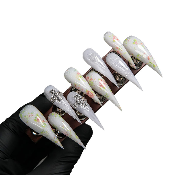 Elegant Stiletto Press-On Nail Set with Floral and Gem Accents