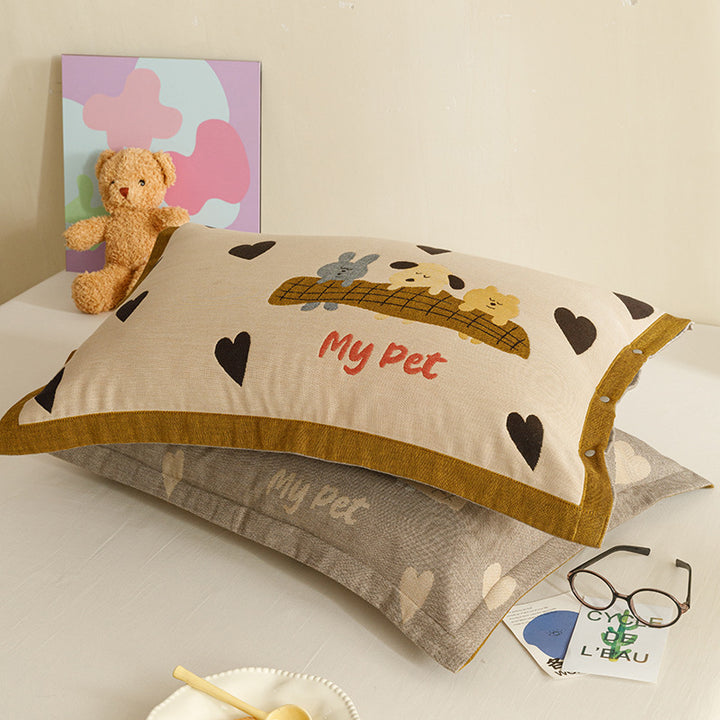 Children's and Youth Pillowcase Set with Cute Pet Design, Heart Print and Button Closure