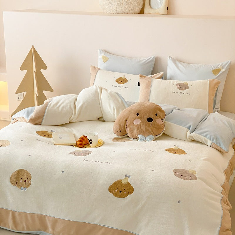 Reversible Cozy Duvet Cover and Pillowcase Set with Embroidered Puppy Appliqués