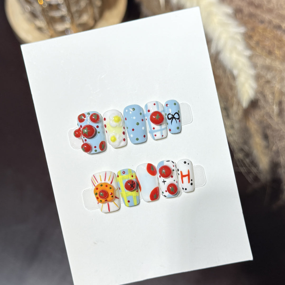 Artistic Press-On Nail Set with Playful Floral and Polka Dot Designs Stornfield