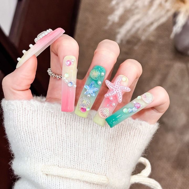 Artistic Long Press-On Nail Set with Ocean-Themed Design