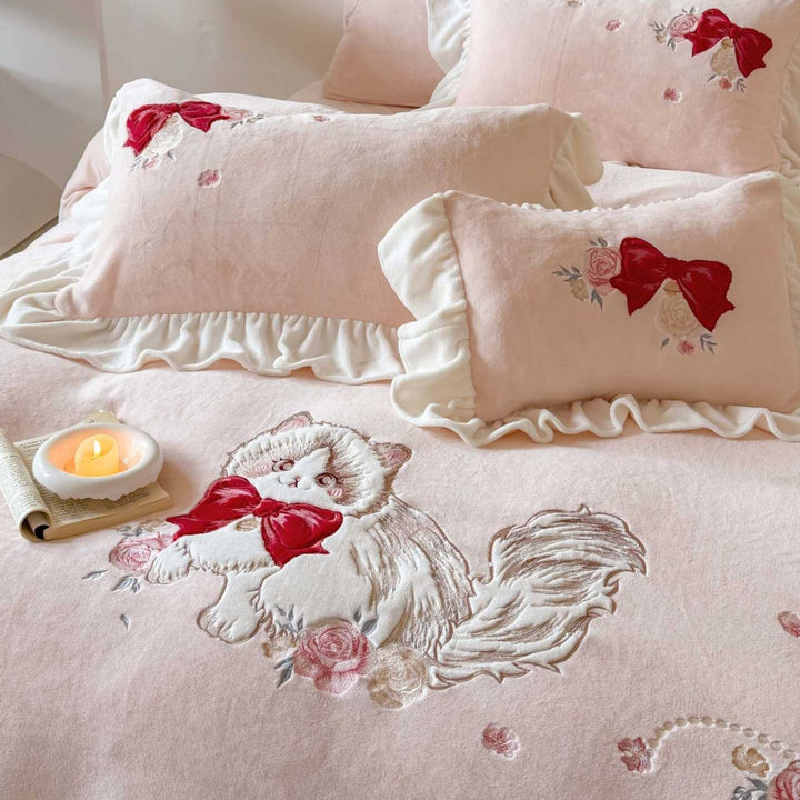 Embroidered Dog & Bow Ruffled Duvet Cover Set with Scalloped Ruffle Skirt and Decorative Pillow Shams