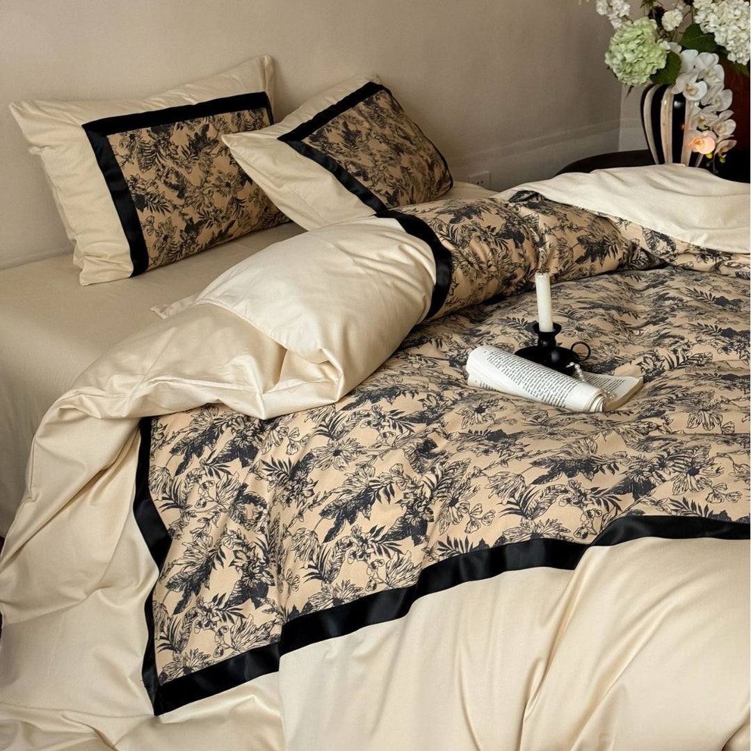 Floral Toile Satin-Trim Duvet Cover Set with Reversible Silky Microfiber & Piped Pillow Shams