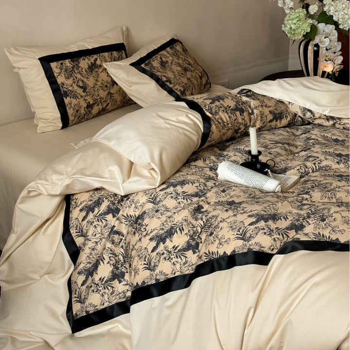 Floral Toile Satin-Trim Duvet Cover Set with Reversible Silky Microfiber & Piped Pillow Shams
