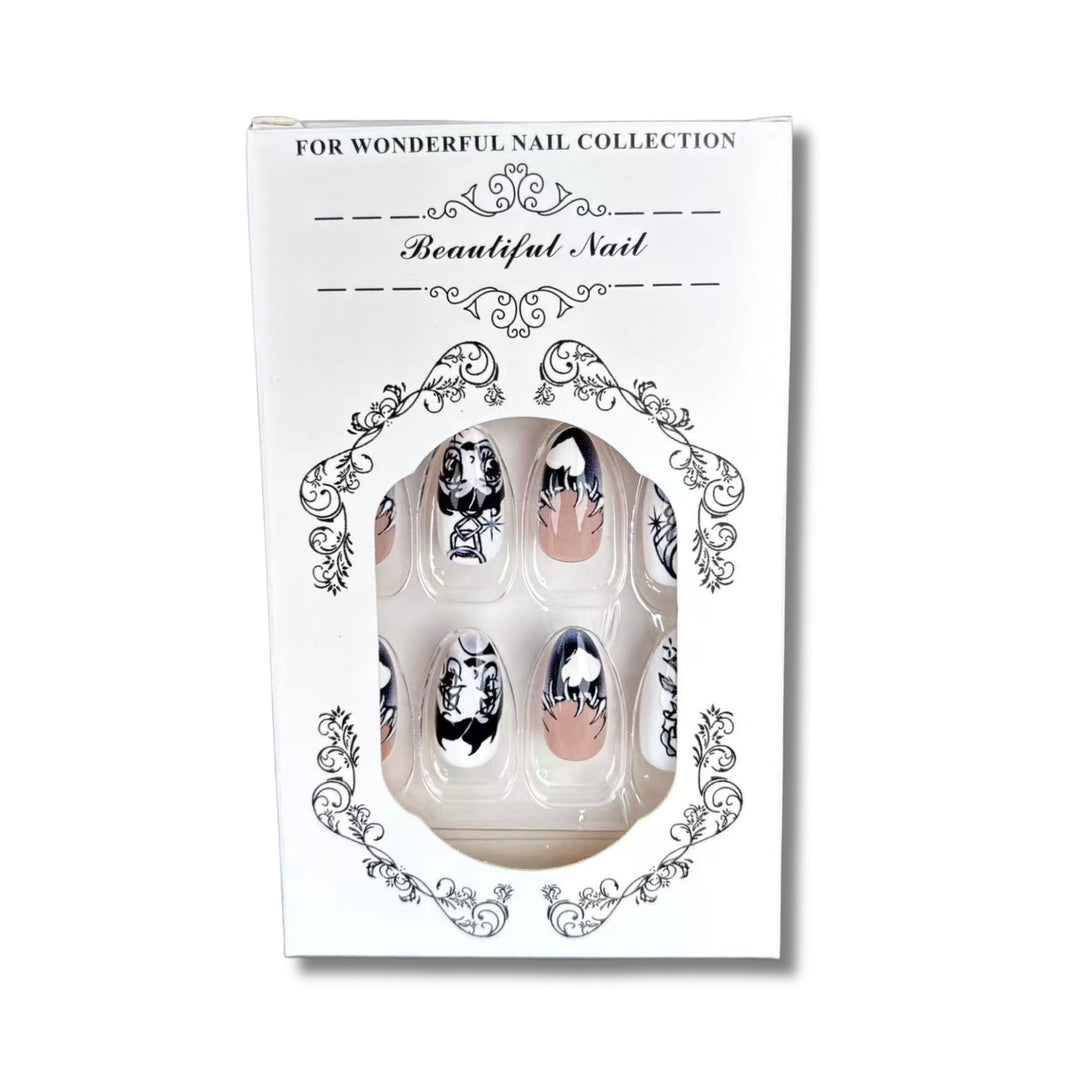 Artistic Press-On Nail Art Set with Unique Graphic Designs