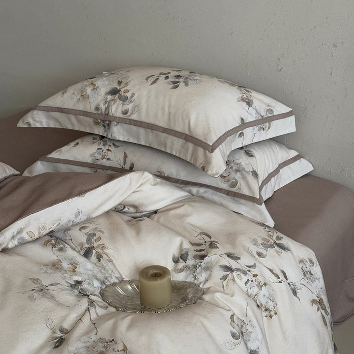 Luxury Botanical Watercolor Print Cotton Sateen Duvet Cover Set with Contrasting Hem and Euro Pillow Shams