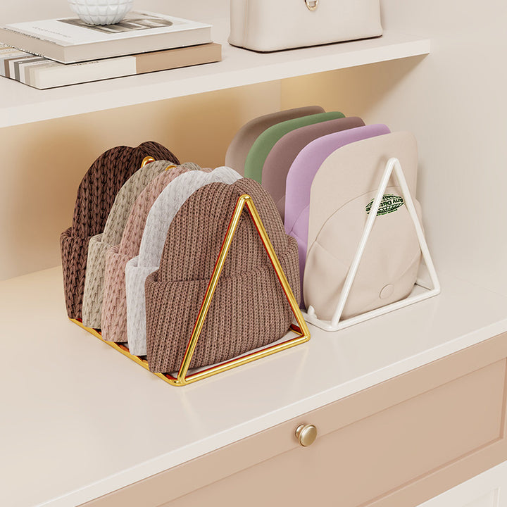 Triangular Gold Metal Multi-Slot Beanie and Knit Hat Organizer Rack