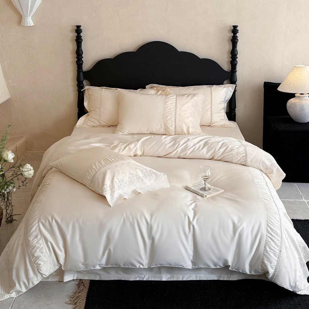 Satin-Blend Ruffle and Lace Embroidered Duvet Cover Bedding Ensemble