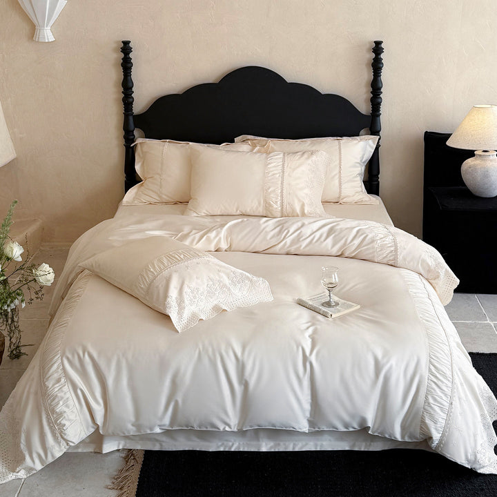 Satin-Blend Ruffle and Lace Embroidered Duvet Cover Bedding Ensemble