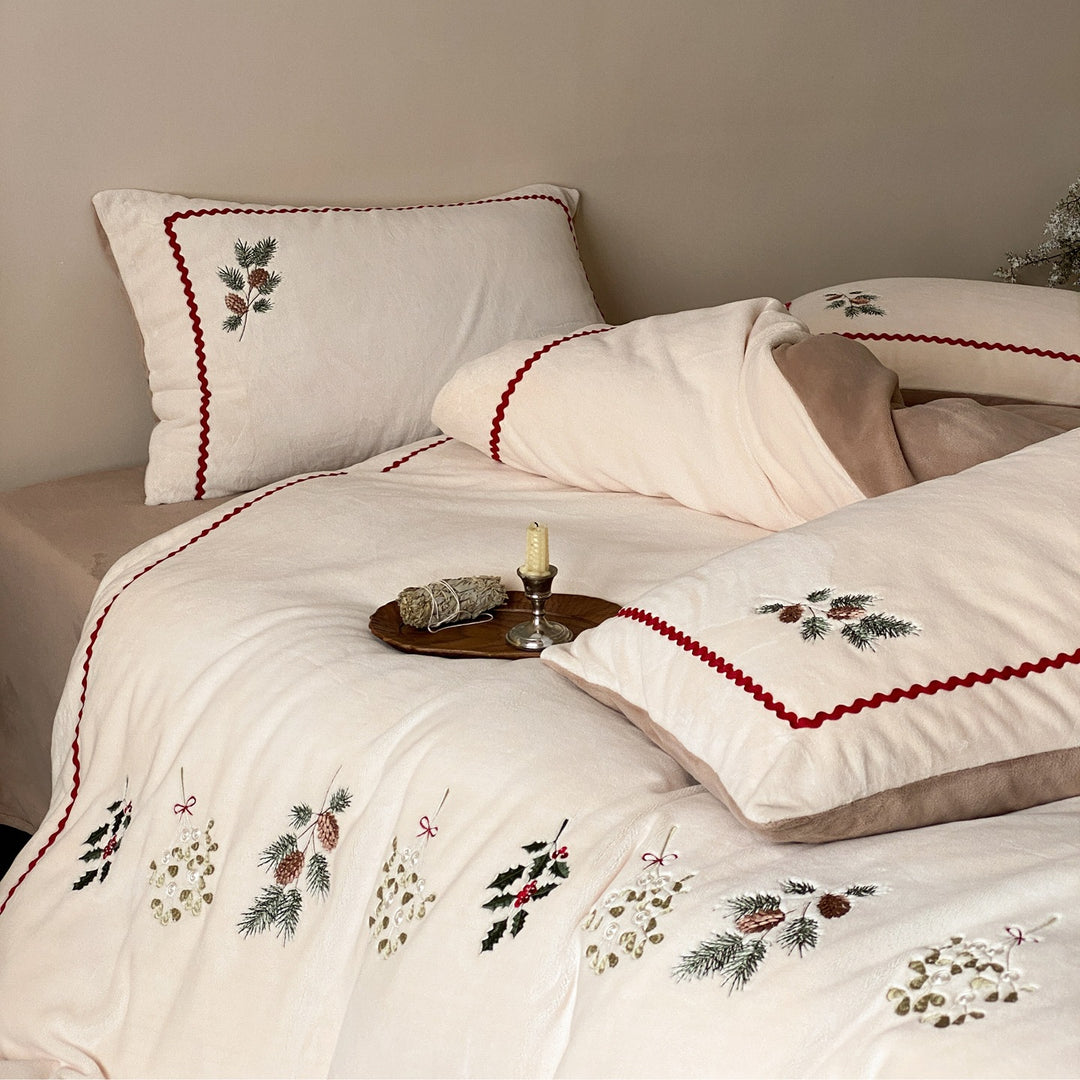 Embroidered Holiday Linen Duvet Cover Set with Decorative Pillow Shams