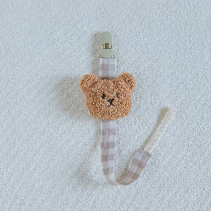 Gingham Cotton Pacifier and Teether Clip with Embroidered Bear Applique