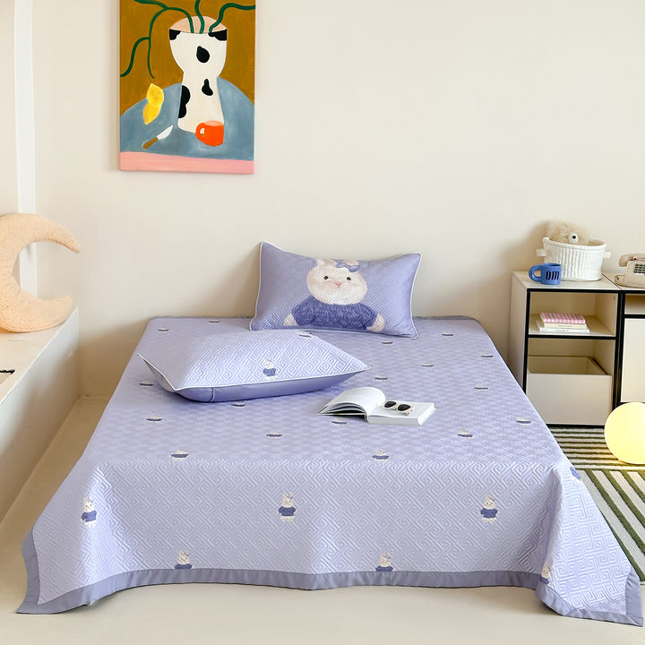 Quilted Cotton Bedspread and Pillowcase Set with Cute Cat Motif