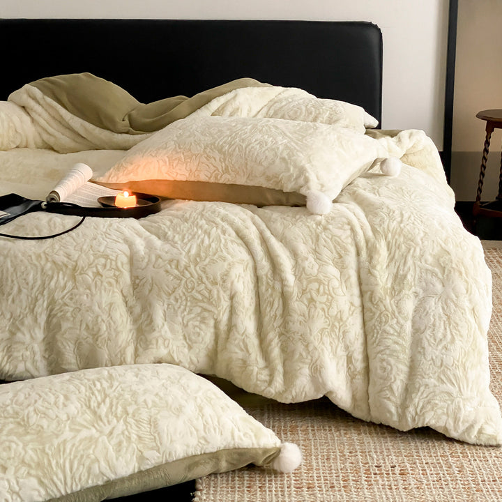 Plush Embossed Floral Sherpa Duvet Cover Set with Pom-Pom Trim