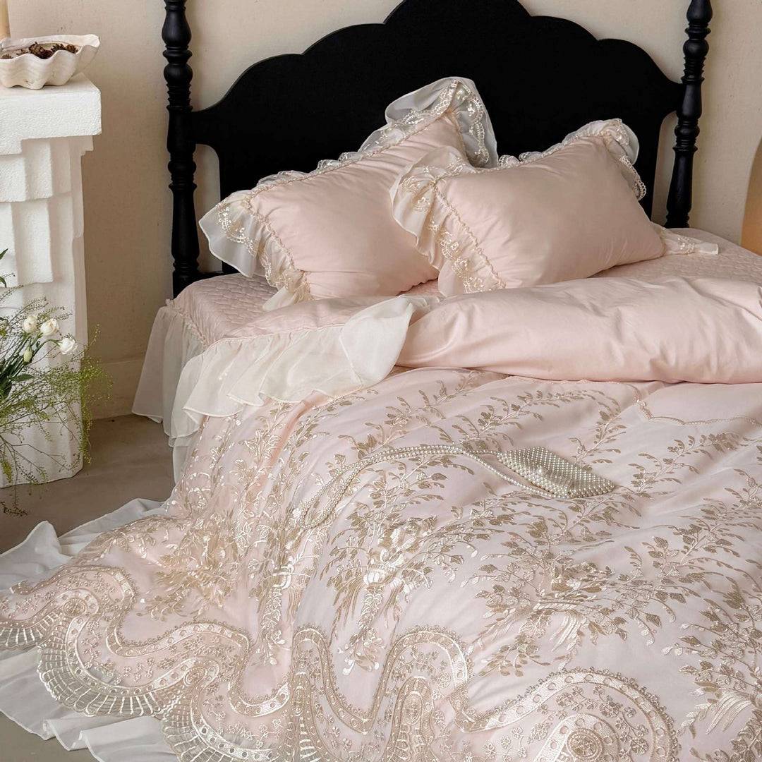 Romantic satin bedding set with lace frill & finely embroidered coverlet