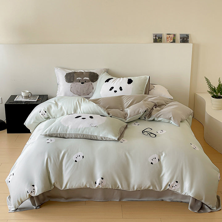 Reversible cotton satin bedding set with minimalist panda faces