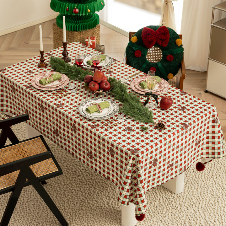 Rectangular decorative tablecloth with checkered pattern, pompom trim, and fine embroidered applique Stornfield