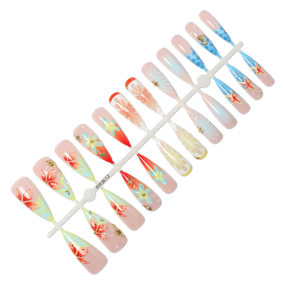 Artistic Floral and Ocean-Themed Press-On Nail Art Set Stornfield