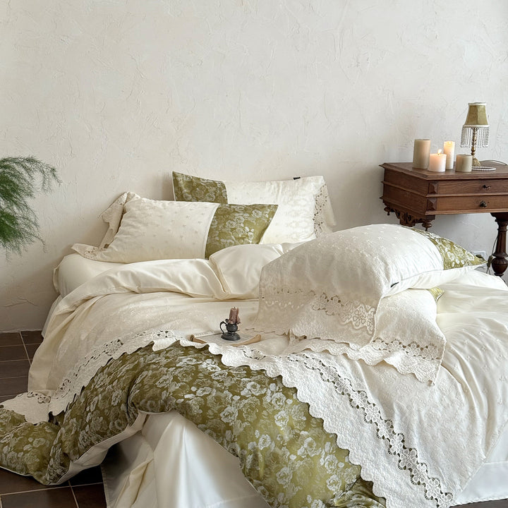 Floral Lace-Trim Cotton Sateen Duvet Cover Set