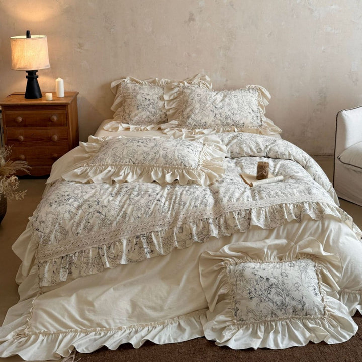 Snowflake-Embroidered Cotton-Sateen Duvet Cover Set with Sherpa Border & Envelope Shams