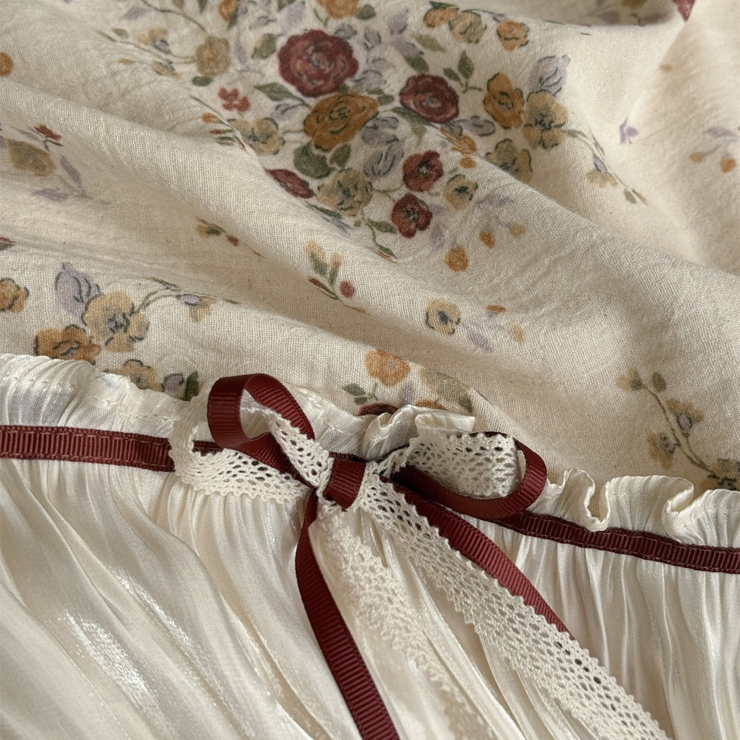 Floral Ruffled Satin-Trim Duvet Cover Bedding Set with Decorative Ribbon Bows