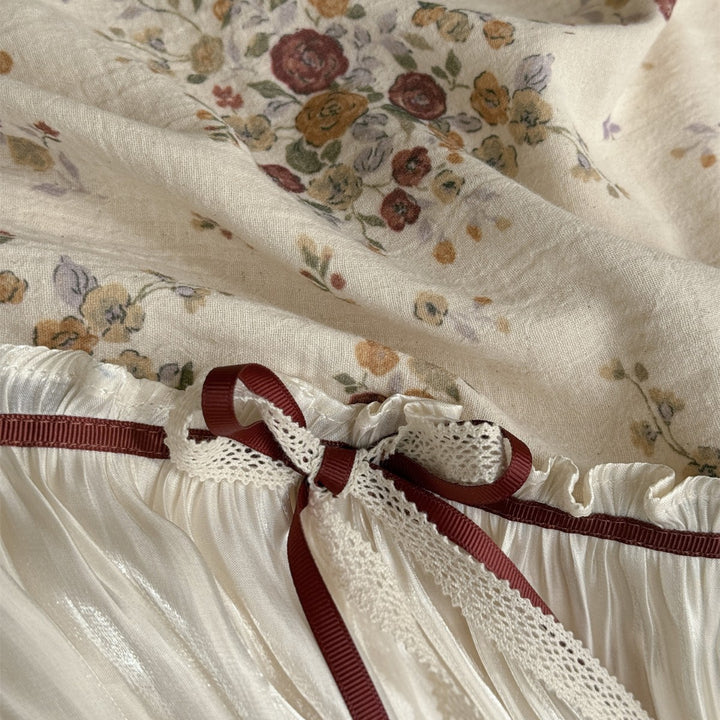 Floral Ruffled Satin-Trim Duvet Cover Bedding Set with Decorative Ribbon Bows