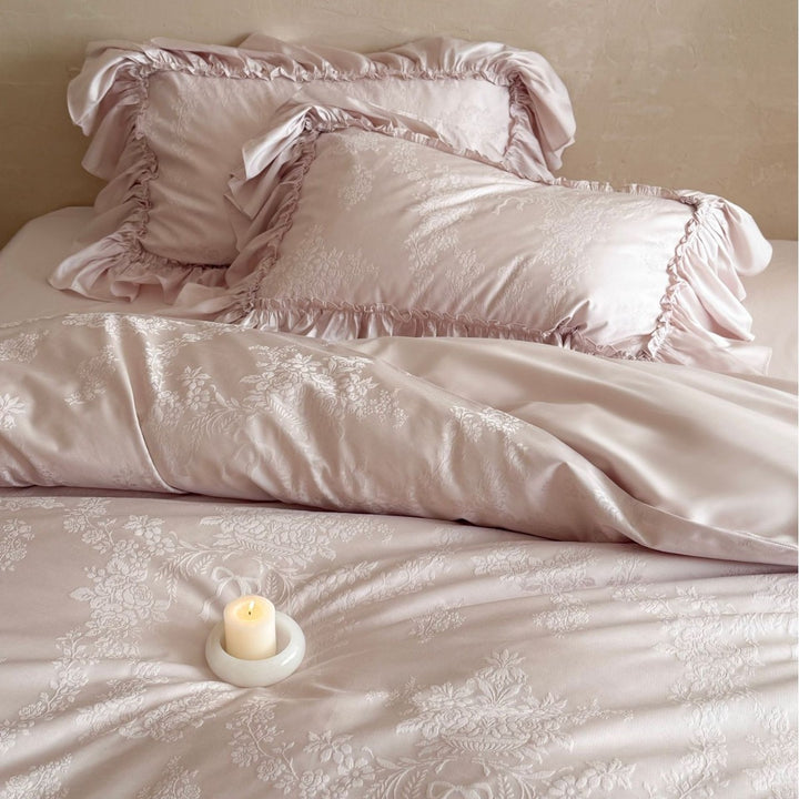 Ruffled Jacquard Floral Duvet Cover and Pillowcase Set