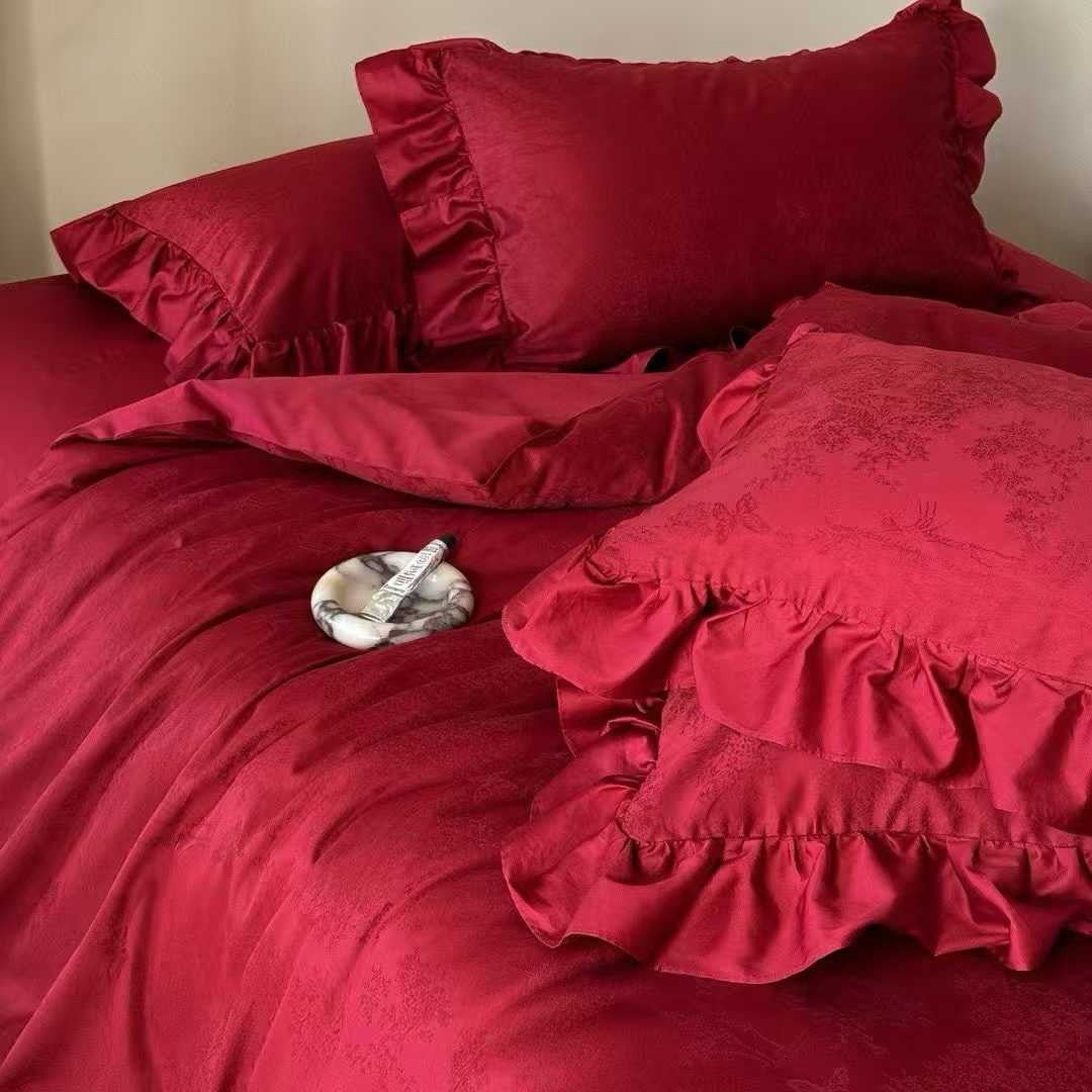 Ruffled Jacquard Cotton Duvet Cover Set with Embossed Floral Motif and Matching Pillow Shams