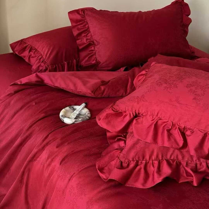 Ruffled Jacquard Cotton Duvet Cover Set with Embossed Floral Motif and Matching Pillow Shams