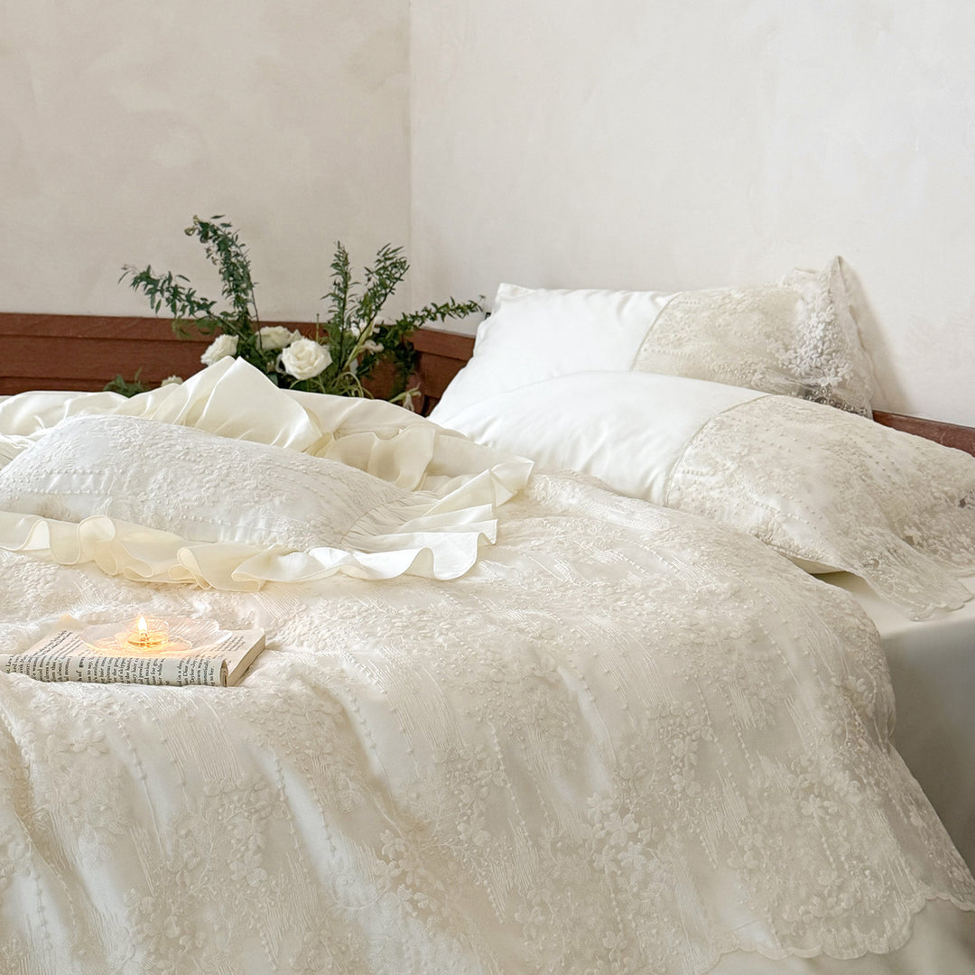 Embroidered Lace Ruffled Satin Duvet Cover Set