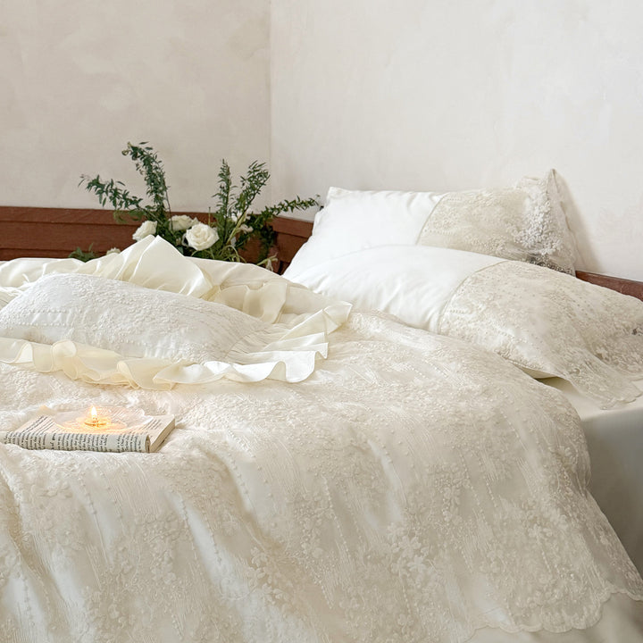 Embroidered Lace Ruffled Satin Duvet Cover Set