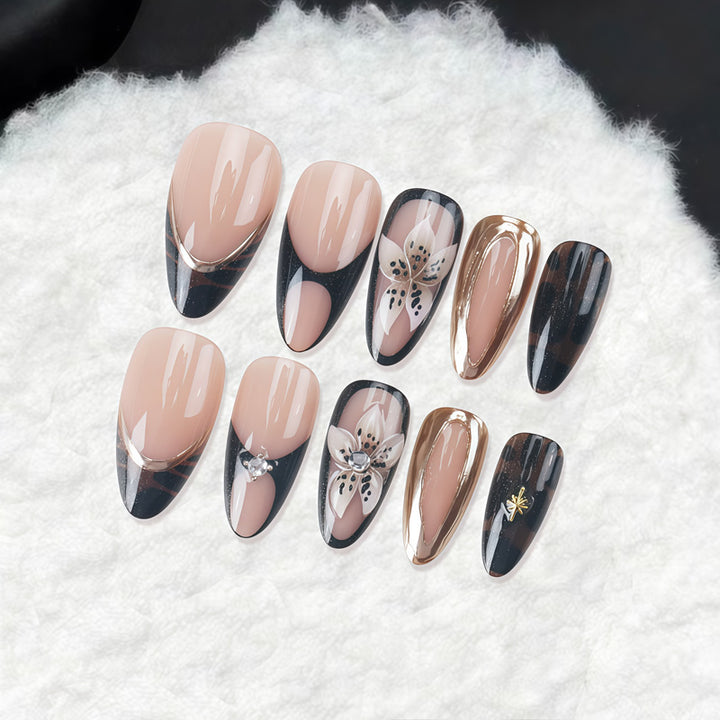 Artistic Press-On Nail Set with Elegant Floral and Abstract Designs Stornfield