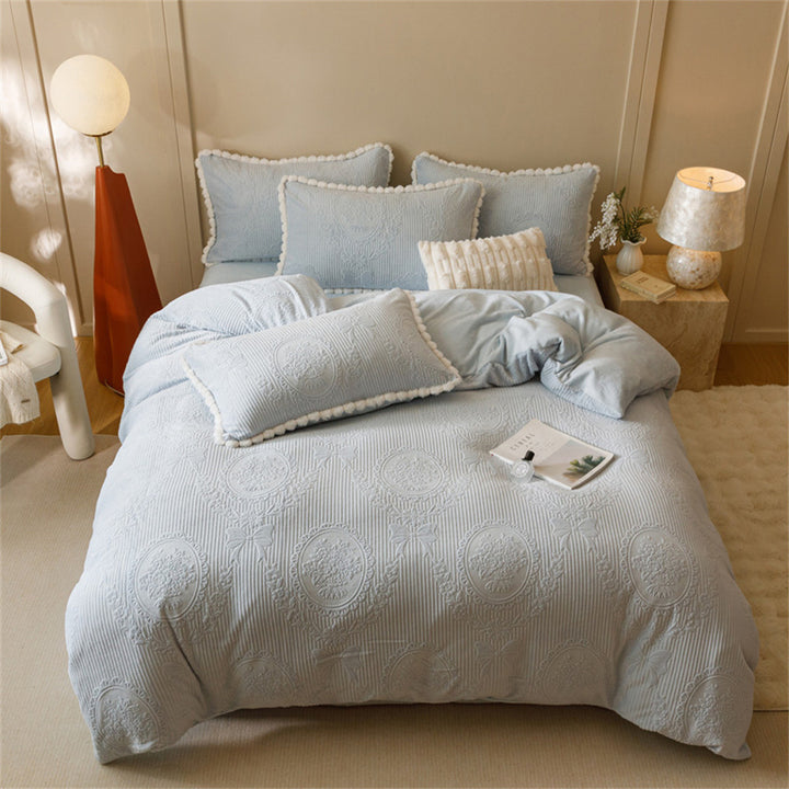 Quilted Medallion Embossed Duvet Cover Set with Pom-Pom Trim and Pillow Shams